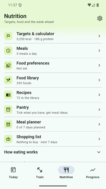 The Forkstrong Nutrition screen: targets of 3,250 kcal and 186 g protein, five meals a day, food preferences, a food library of 293 foods, 72 recipes, the pantry, the meal planner and the shopping list.