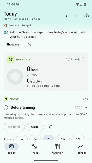 The Forkstrong Today screen for Monday 5 October, week 1 (Ease in): nutrition at 0 of 3,090 kcal and 0 of 158 g protein, then the first of five meals, Before training at 06:25.