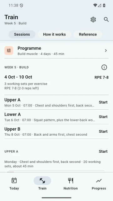 The Forkstrong Train screen: a Build muscle programme of 4 days a week at 45 minutes a session, and week 5 (Build) with Upper A, Lower A and Upper B, each with its date, a 07:00 start and a Start button.