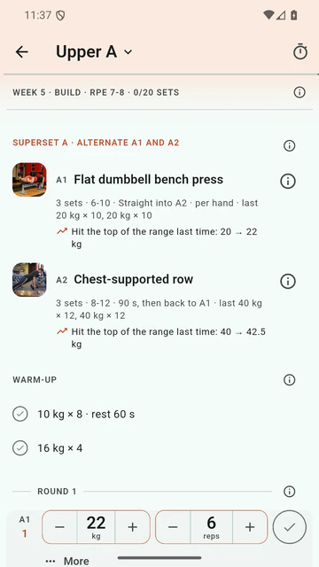 A Forkstrong workout, Upper A in week 5 (Build): flat dumbbell bench press and chest-supported row as a superset, each with a form photo and last session's numbers, and prompts to add weight (20 to 22 kg on the press, 40 to 42.5 kg on the row), above a set logger at 22 kg and 6 reps.